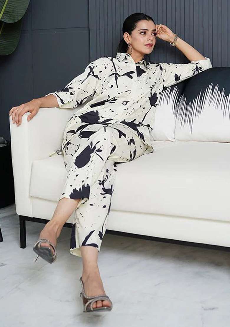 Black Floral Print Rayon Co Ord Set - Indya