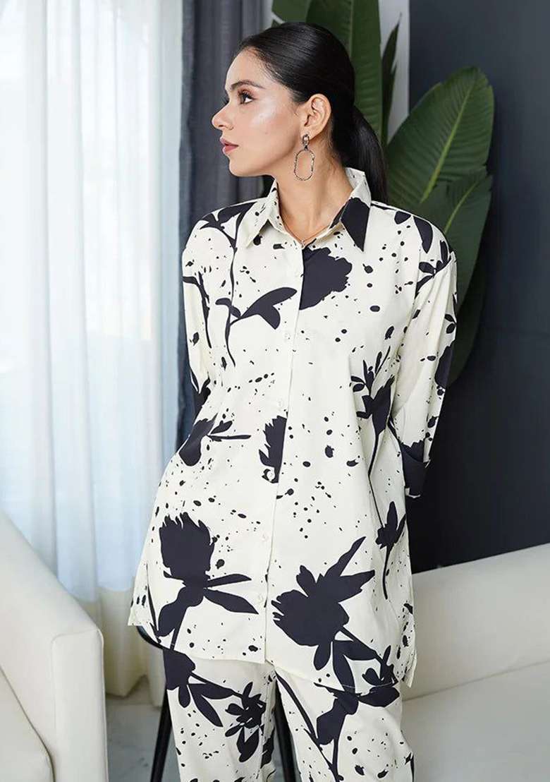 Black Floral Print Rayon Co Ord Set - Indya