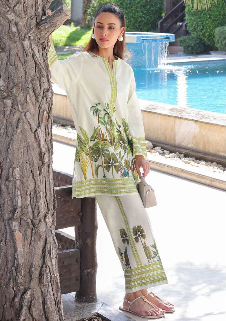 White Printed Rayon Co Ord Set - Indya