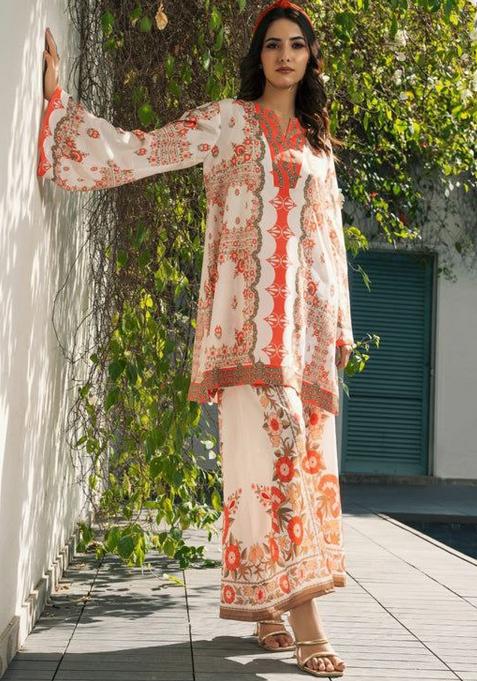 Orange Printed Rayon Pakistani Suit Set
