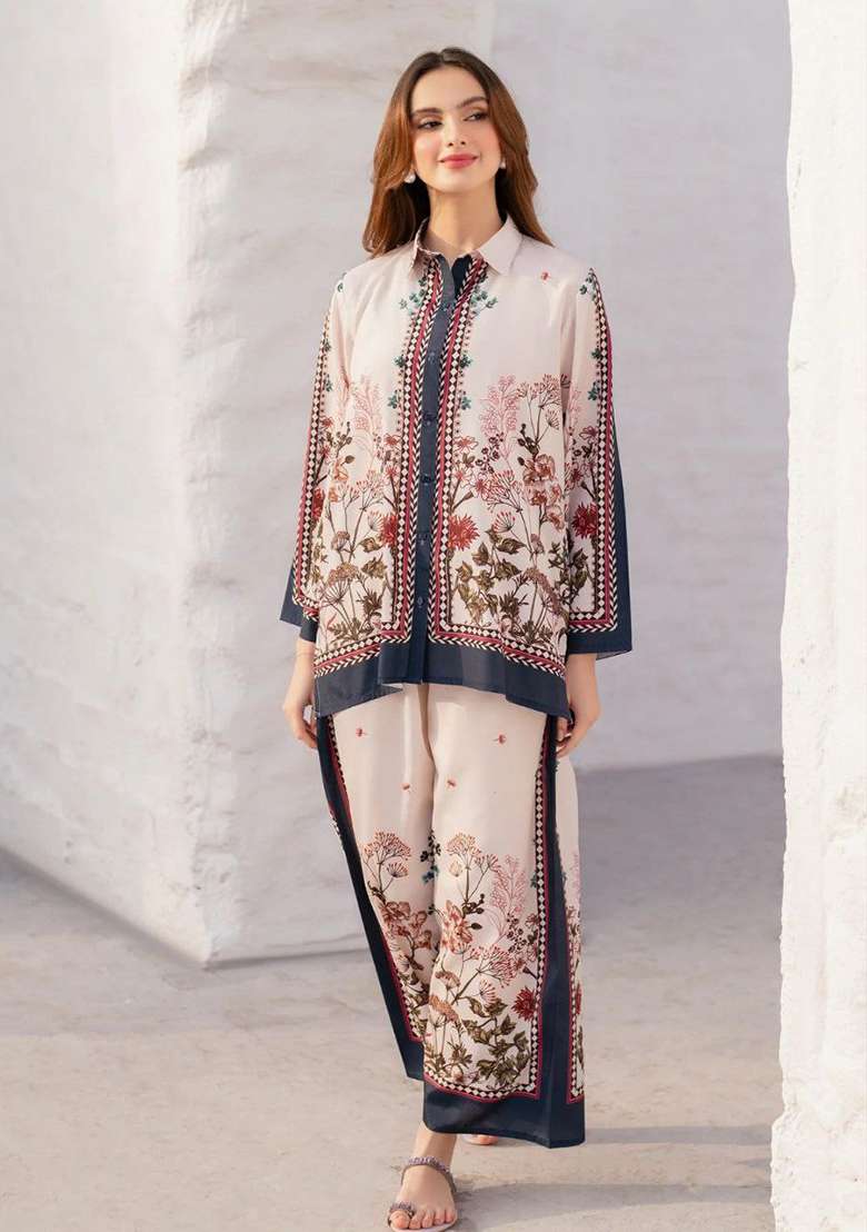 White Floral Print Rayon Co Ord Set - Indya