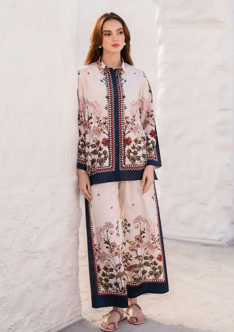 White Floral Print Rayon Co Ord Set - Indya