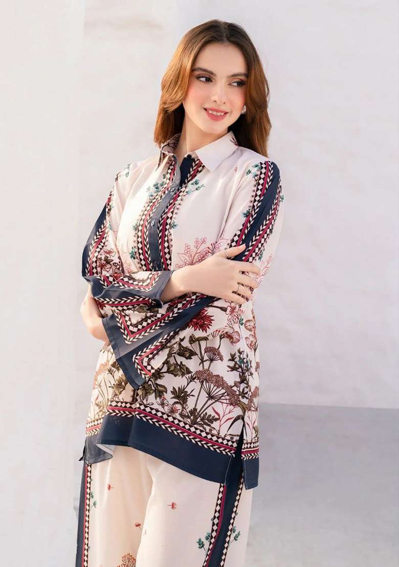 White Floral Print Rayon Co Ord Set - Indya
