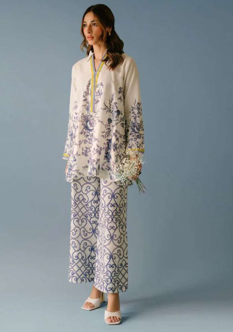 White Floral Print Rayon Co Ord Set - Indya