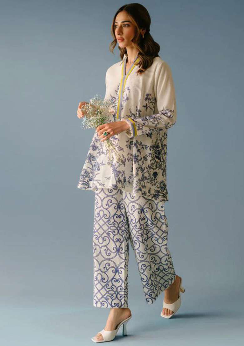 White Floral Print Rayon Co Ord Set - Indya