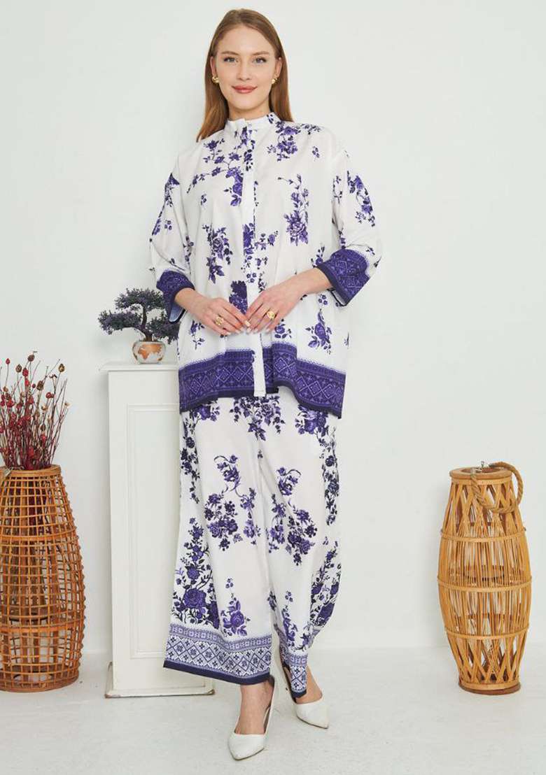 White Floral Print Rayon Co Ord Set - Indya