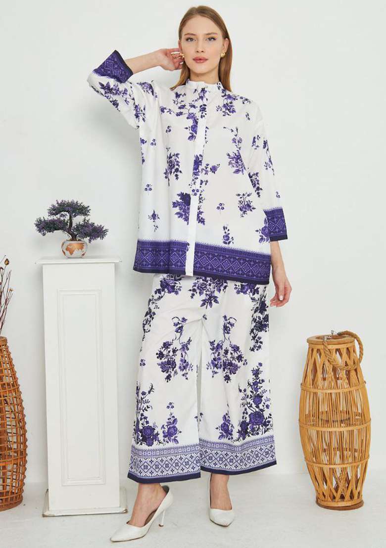 White Floral Print Rayon Co Ord Set - Indya