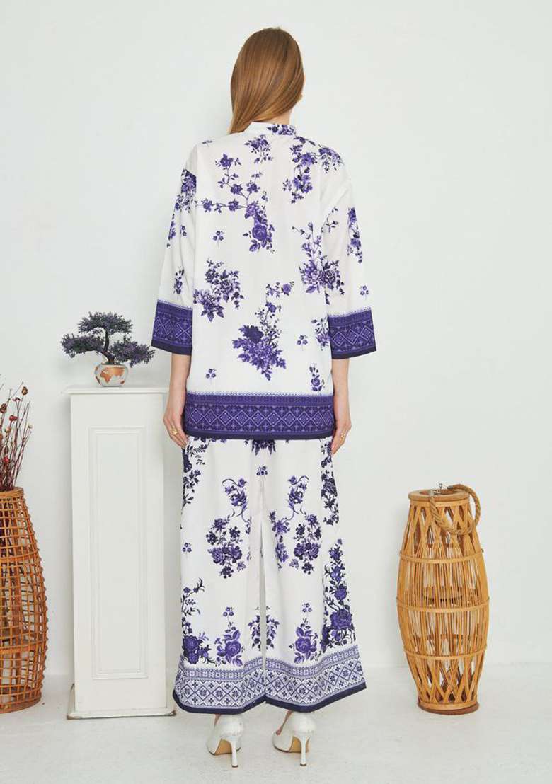 White Floral Print Rayon Co Ord Set - Indya