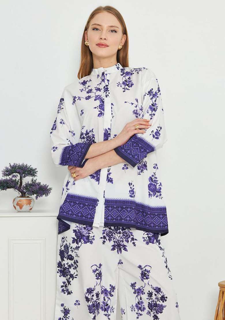White Floral Print Rayon Co Ord Set - Indya