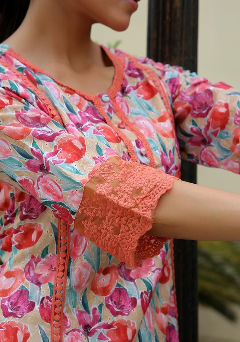 Yellow Print And Embroidered Cotton Clothing Set - Indya