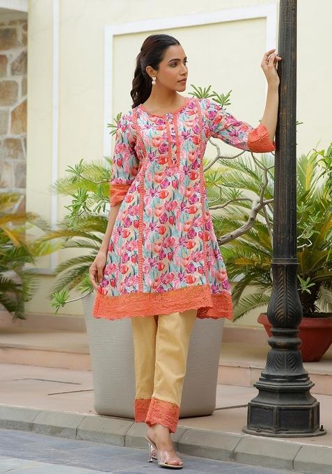 Yellow Print And Embroidered Cotton Clothing Set