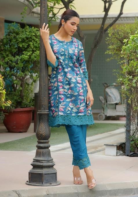 Teal Print And Embroidered Cotton Clothing Set