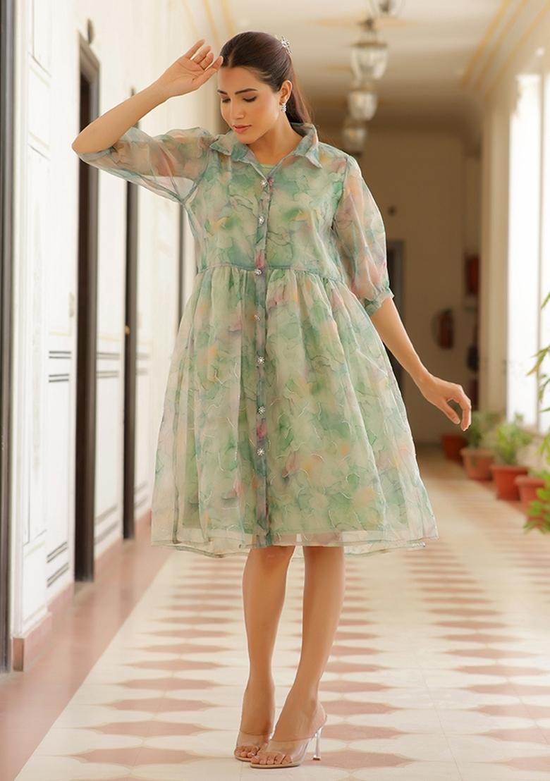 Green Printed Organza Clothing Set - Indya