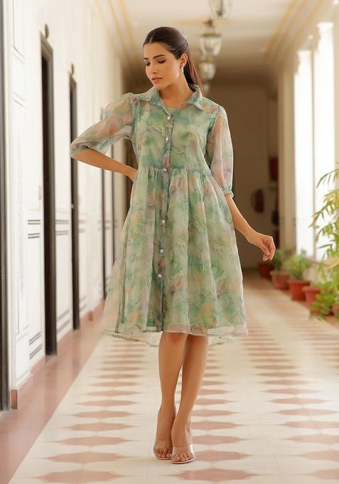 Green Printed Organza Clothing Set