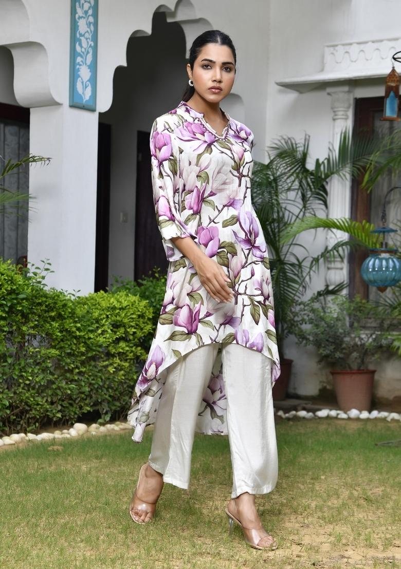 Cream Thread Work Muslin Viscose Clothing Set - Indya