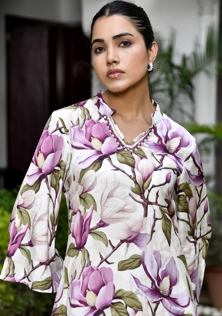 Cream Thread Work Muslin Viscose Clothing Set - Indya