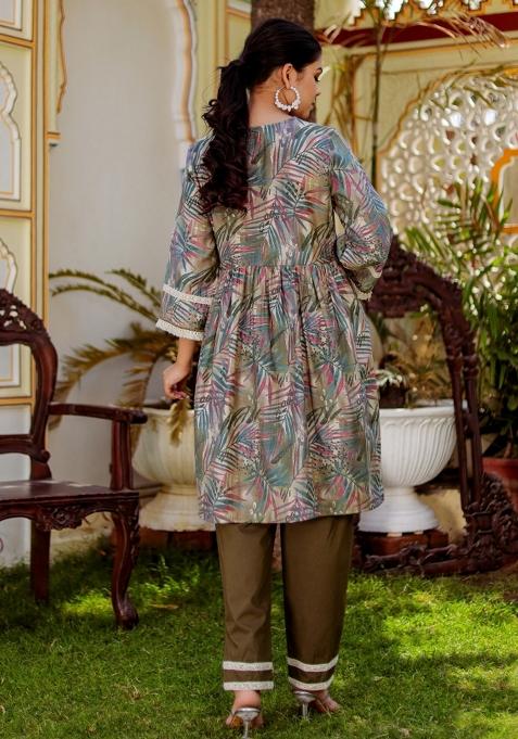 Olive Green Thread Work Muslin Suit Set