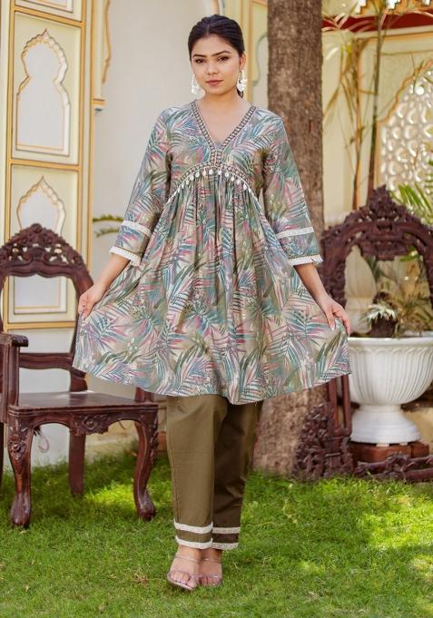 Olive Green Thread Work Muslin Suit Set