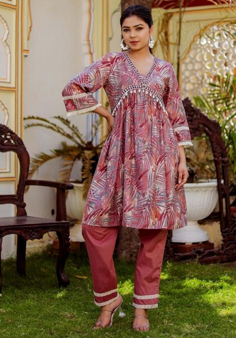 Brown Thread Work Muslin Clothing Set