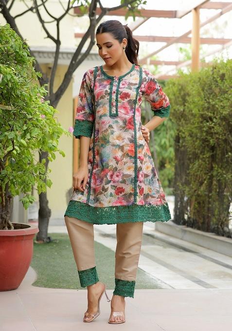 Beige Print And Embroidered Cotton Clothing Set