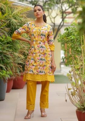 Yellow Print And Embroidered Cotton Clothing Set