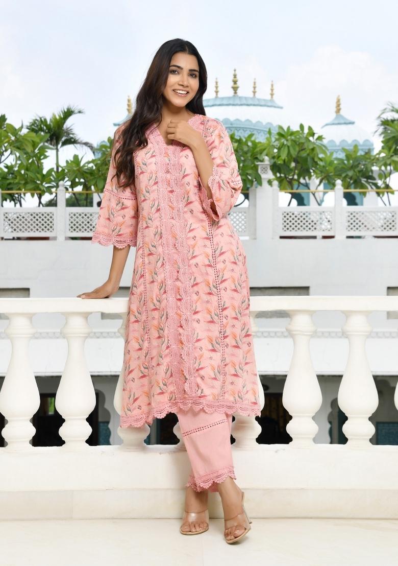 Peach Printed Cotton Suit Set - Indya