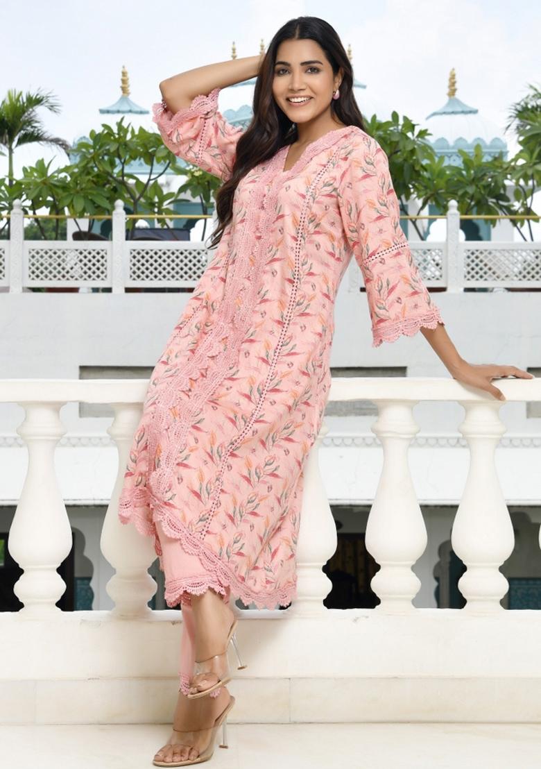 Peach Printed Cotton Suit Set - Indya