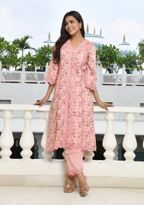 Peach Printed Cotton Suit Set