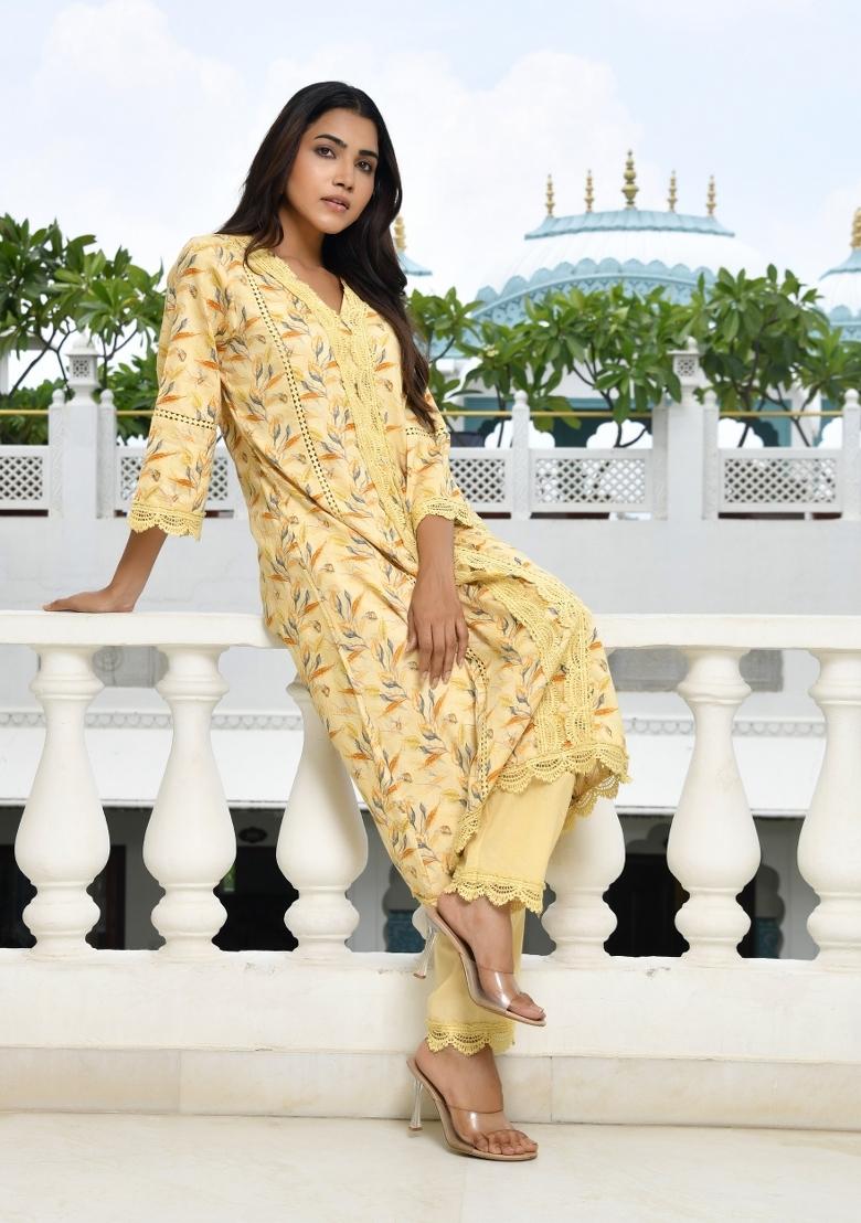 Lemon Yellow Thread Work Cotton Clothing Set - Indya