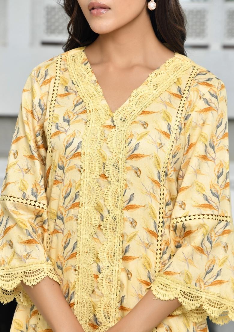 Lemon Yellow Thread Work Cotton Clothing Set - Indya