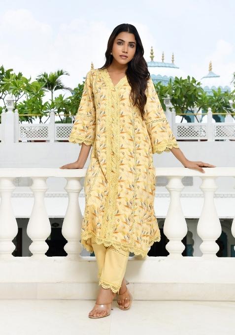 Lemon Yellow Thread Work Cotton Clothing Set