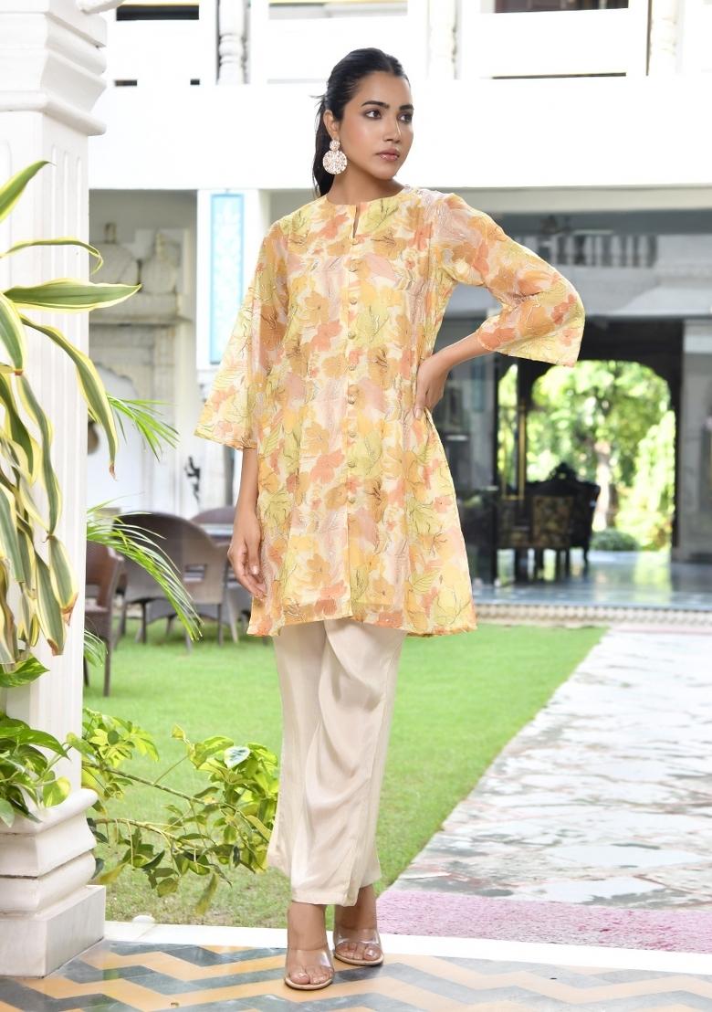 Lemon Yellow Thread Work Organza Clothing Set - Indya