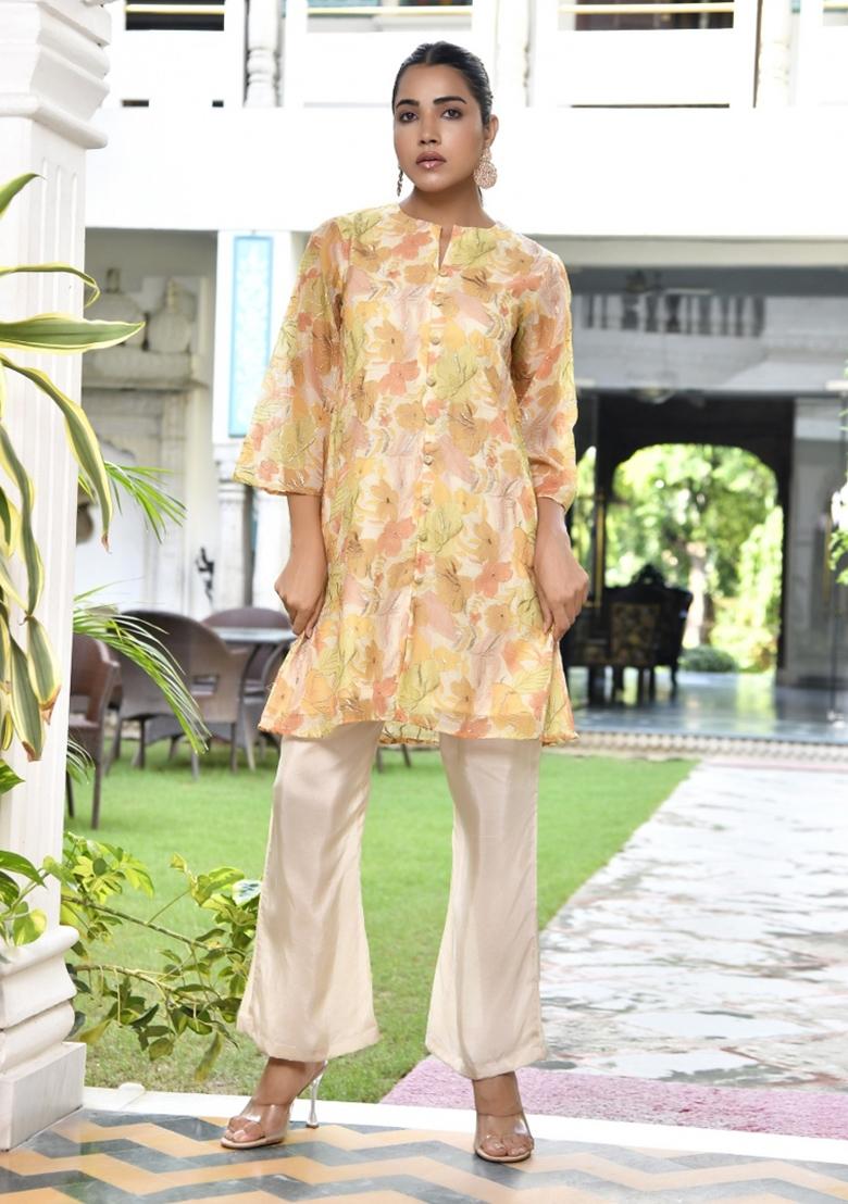 Lemon Yellow Thread Work Organza Clothing Set - Indya