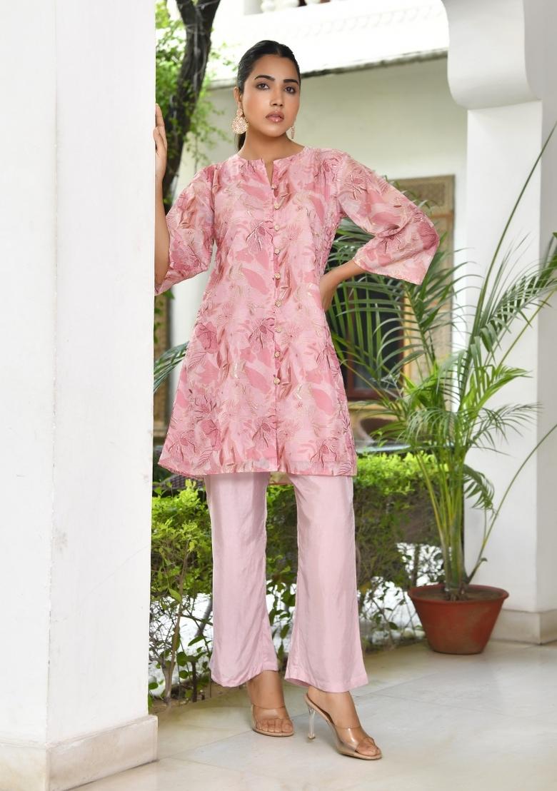 Pink Printed Organza Clothing Set - Indya