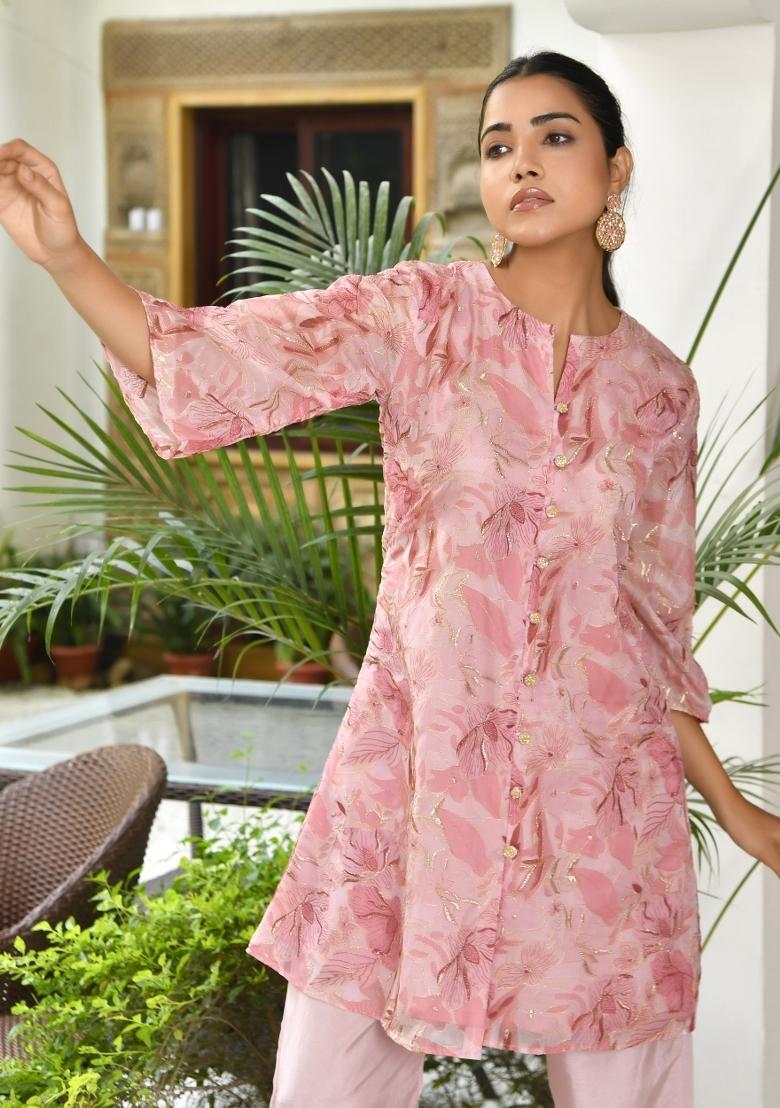 Pink Printed Organza Clothing Set - Indya