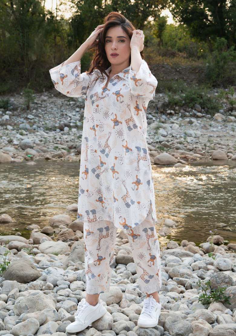 White Printed Rayon Pakistani Suit Set - Indya
