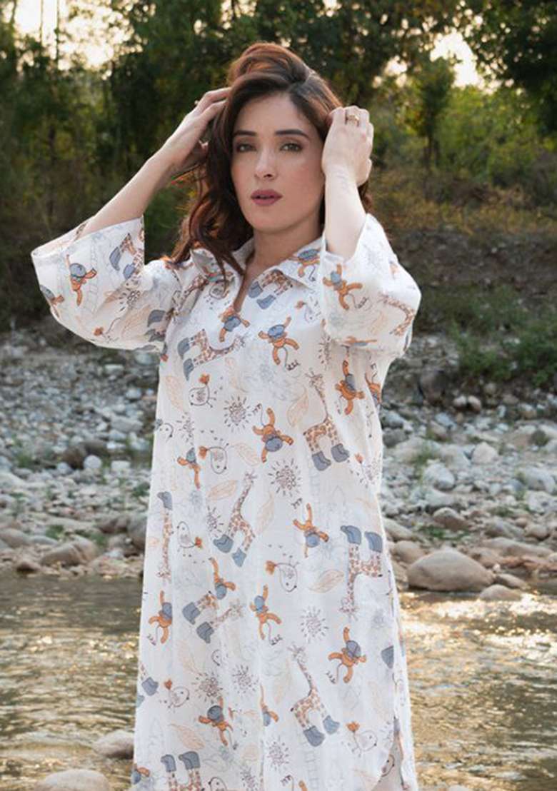 White Printed Rayon Pakistani Suit Set - Indya