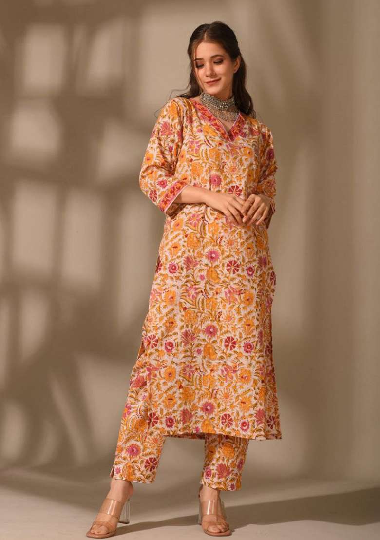 Orange Embroidered Rayon Straight Kurta Set - Indya