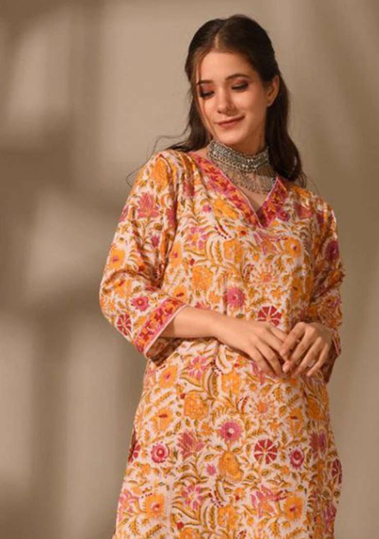 Orange Embroidered Rayon Straight Kurta Set - Indya