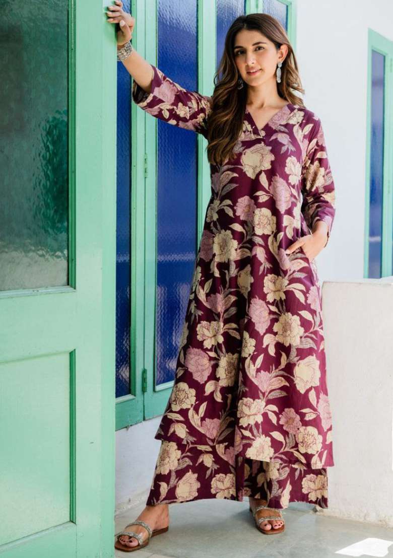 Purple Floral Print Rayon A Line Kurta Set - Indya