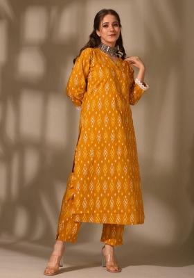 Mustard Printed Rayon Straight Kurta Set