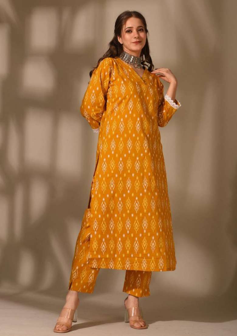 Mustard Printed Rayon Straight Kurta Set - Indya