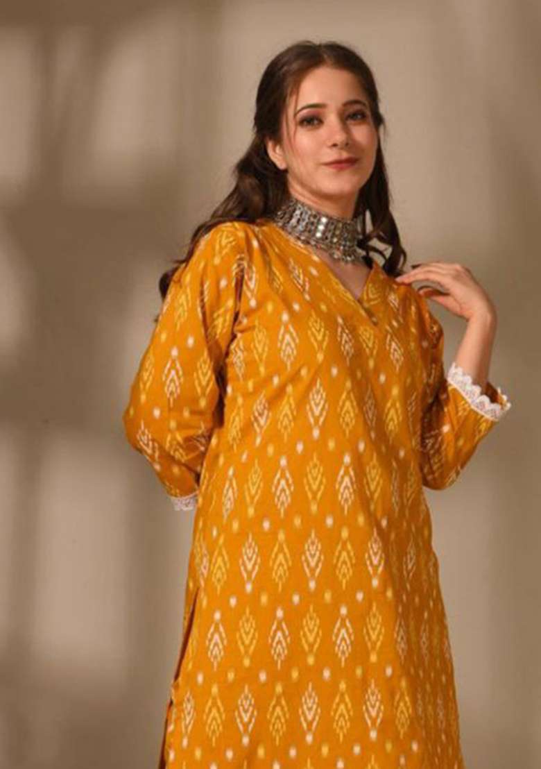 Mustard Printed Rayon Straight Kurta Set - Indya
