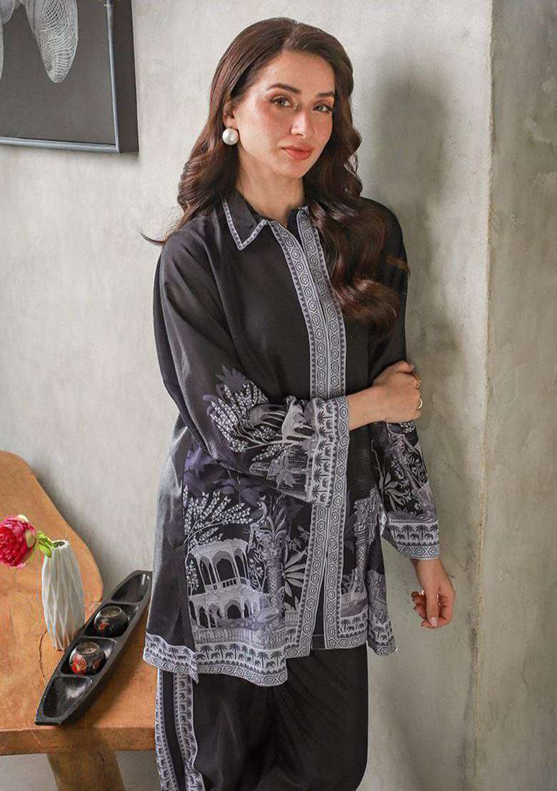 Black Printed Rayon Pakistani Suit Set - Indya