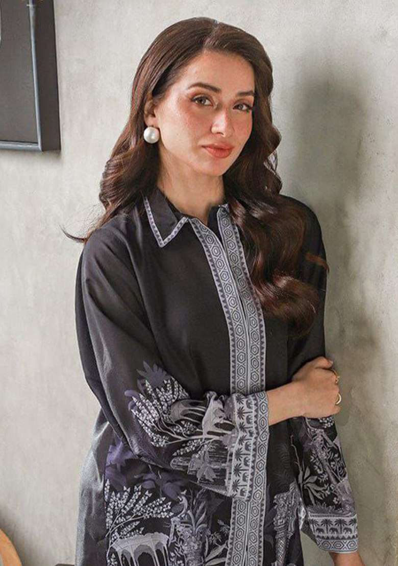 Black Printed Rayon Pakistani Suit Set - Indya