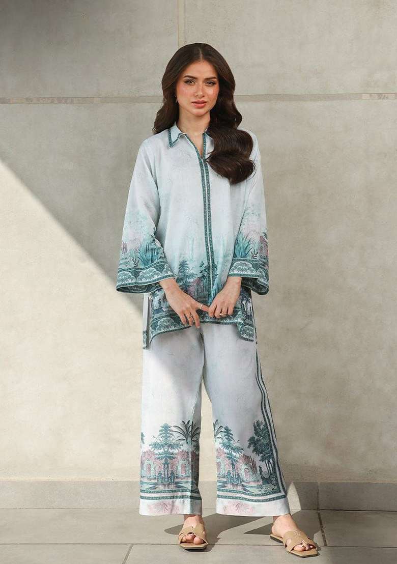 Blue Printed Rayon Co Ord Set - Indya