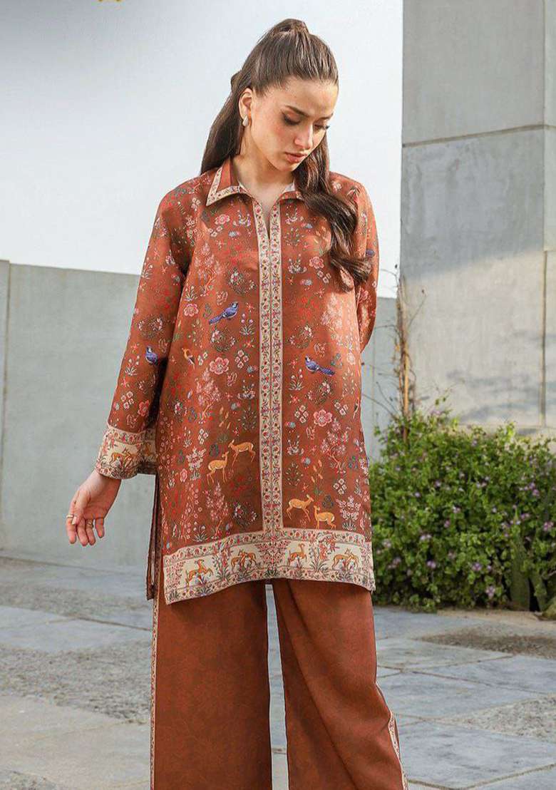 Brown Printed Rayon Pakistani Suit Set - Indya