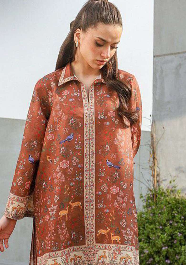 Brown Printed Rayon Pakistani Suit Set - Indya