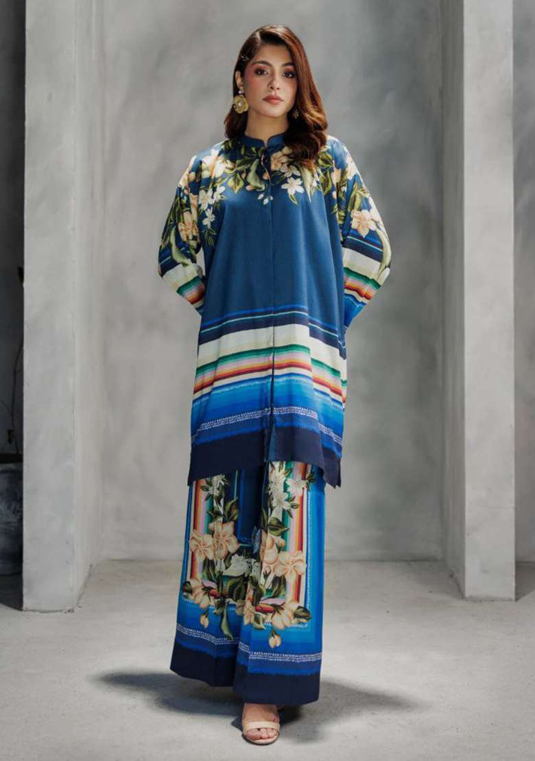 Blue Floral Print Rayon Co Ord Set - Indya