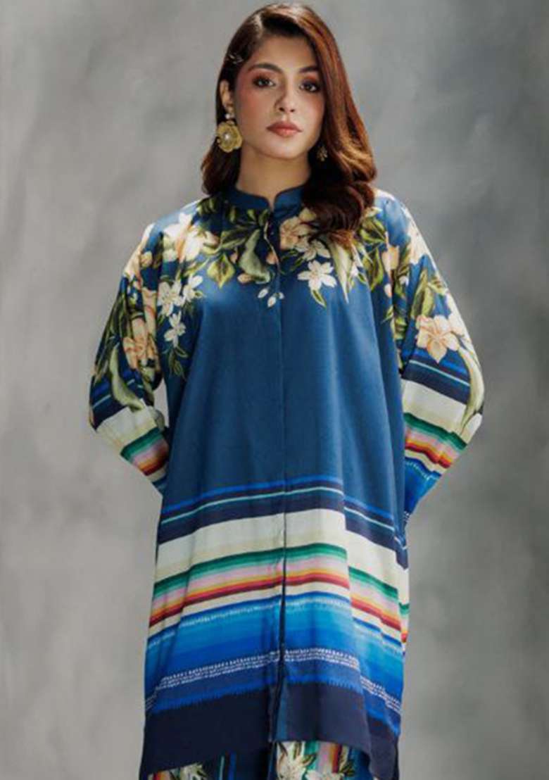 Blue Floral Print Rayon Co Ord Set - Indya